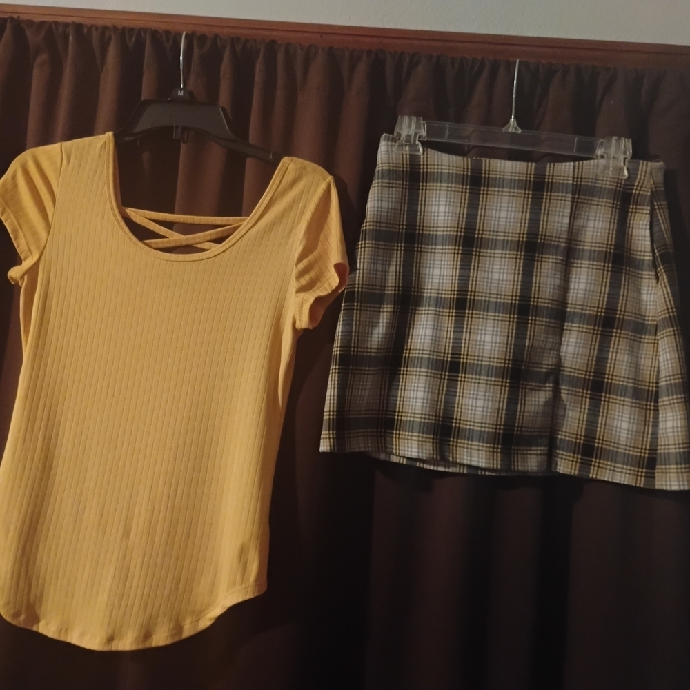Urban Outfitters Yellow Top and Plaid Skirt Set